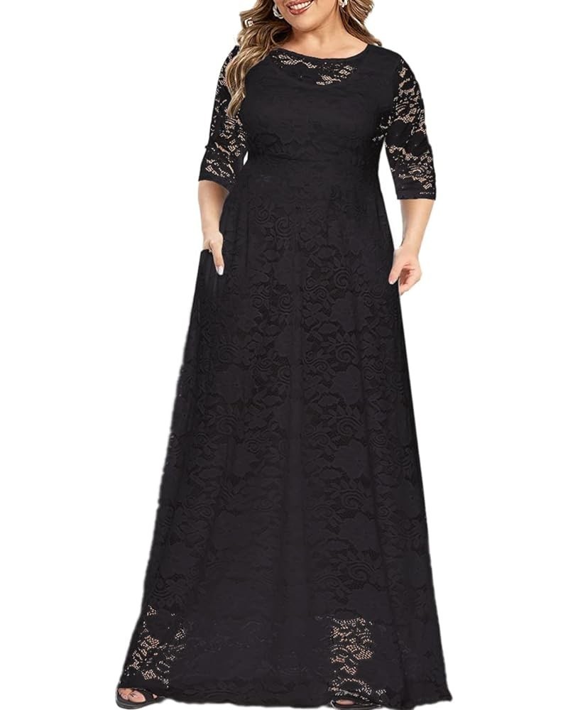 Women's Plus Size Floral Lace Wedding Dress 3 4 Sleeve Bridesmaid Evening Party Long Maxi Dresses with Pockets B-black $31.89...