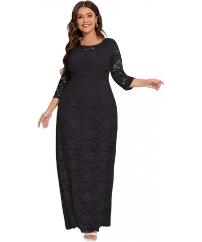 Women's Plus Size Floral Lace Wedding Dress 3 4 Sleeve Bridesmaid Evening Party Long Maxi Dresses with Pockets B-black $31.89...