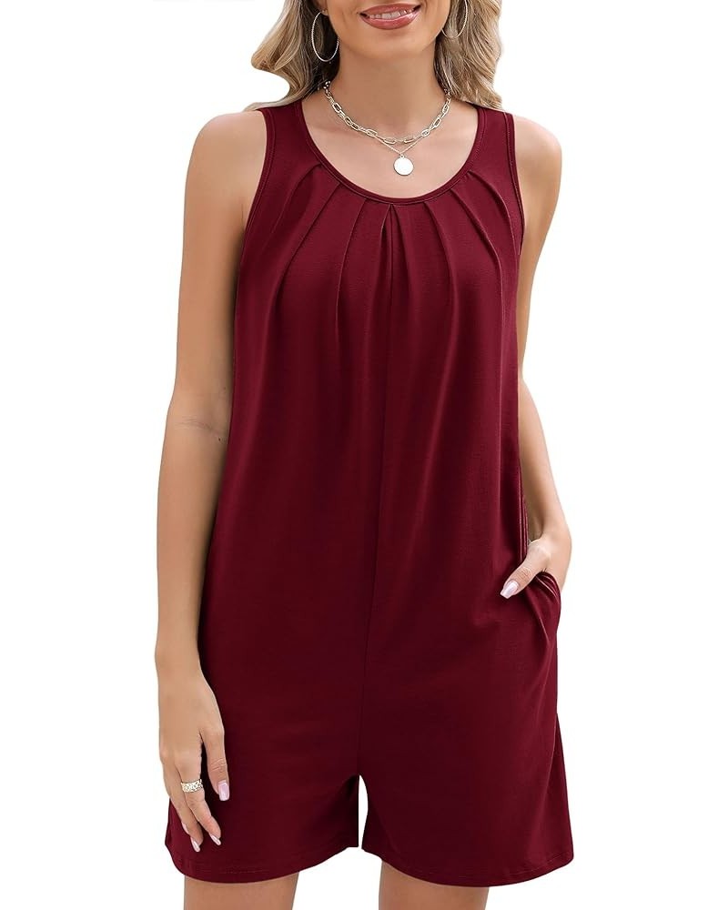 Rompers for Women Summer Casual Sleeveless Pleated Shorts Overalls Jumpsuits with Pockets Wine Red $11.24 Rompers
