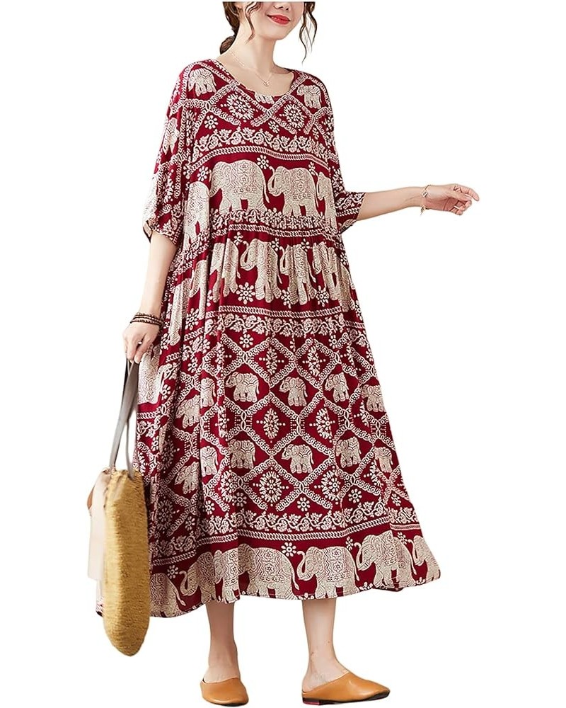 Women's Vintage Print Plus Size Dress Casual Cotton Boho Ethnic 3/4 Sleeve Long Maxi Swing Dress with Pockets Burgundy $17.21...
