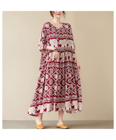 Women's Vintage Print Plus Size Dress Casual Cotton Boho Ethnic 3/4 Sleeve Long Maxi Swing Dress with Pockets Burgundy $17.21...