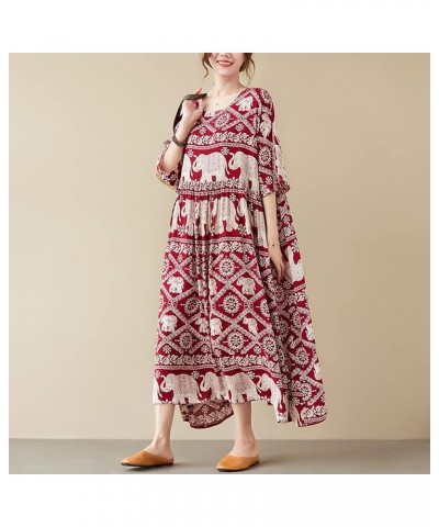 Women's Vintage Print Plus Size Dress Casual Cotton Boho Ethnic 3/4 Sleeve Long Maxi Swing Dress with Pockets Burgundy $17.21...
