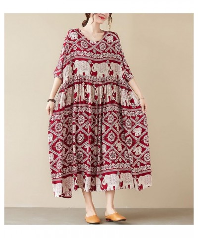 Women's Vintage Print Plus Size Dress Casual Cotton Boho Ethnic 3/4 Sleeve Long Maxi Swing Dress with Pockets Burgundy $17.21...