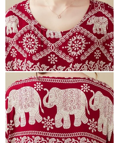 Women's Vintage Print Plus Size Dress Casual Cotton Boho Ethnic 3/4 Sleeve Long Maxi Swing Dress with Pockets Burgundy $17.21...