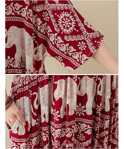 Women's Vintage Print Plus Size Dress Casual Cotton Boho Ethnic 3/4 Sleeve Long Maxi Swing Dress with Pockets Burgundy $17.21...