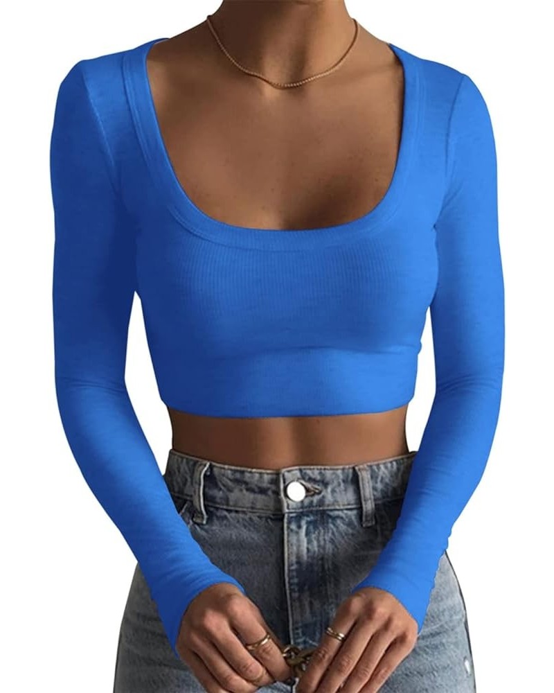 Long Sleeve Crop Tops for Women Y2k Cute Ribbed Going Out Top Basic Square Neck Fitted Tee Shirt Fall Blue $10.00 Tops