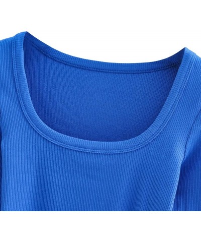 Long Sleeve Crop Tops for Women Y2k Cute Ribbed Going Out Top Basic Square Neck Fitted Tee Shirt Fall Blue $10.00 Tops