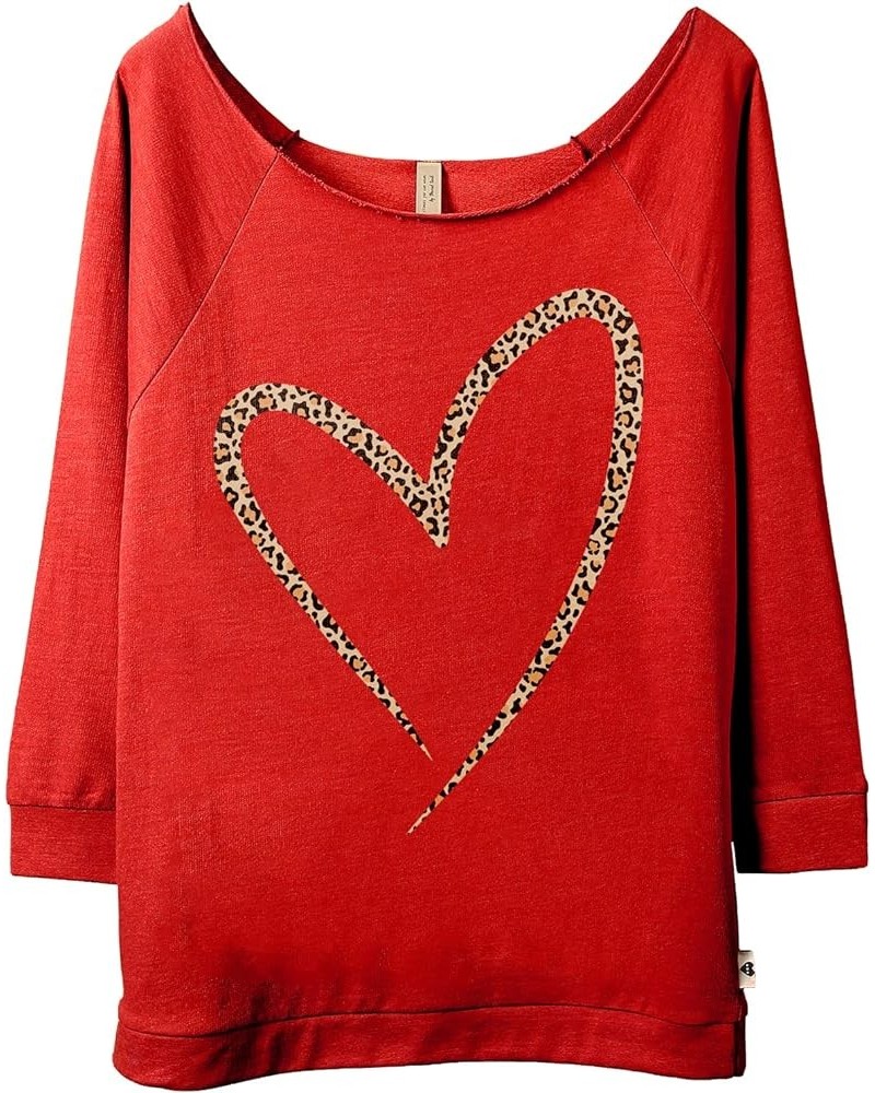 Simply Heart Leopard Print Women's Fashion Slouchy 3/4 Sleeves Raglan Lightweight Sweatshirt Red $18.17 Hoodies & Sweatshirts