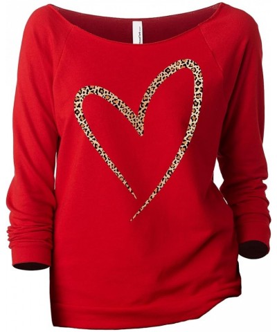 Simply Heart Leopard Print Women's Fashion Slouchy 3/4 Sleeves Raglan Lightweight Sweatshirt Red $18.17 Hoodies & Sweatshirts
