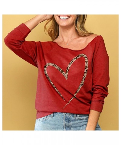 Simply Heart Leopard Print Women's Fashion Slouchy 3/4 Sleeves Raglan Lightweight Sweatshirt Red $18.17 Hoodies & Sweatshirts