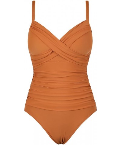 Women's Ruched Underwire One Piece Swimsuit Front Twist Swimwear Tummy Control Bathing Suit Monokini Apricot Orange $22.50 Sw...