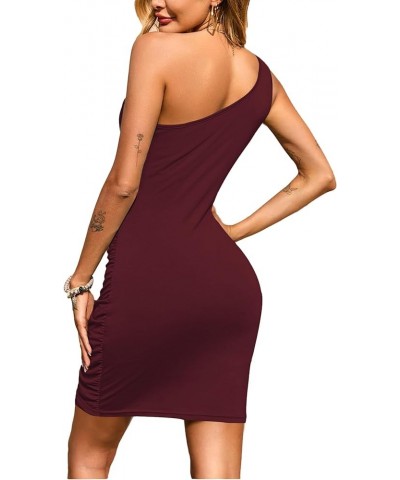 Women's One Shoulder Sleeveless Tie Waist Wrap Ruched Cocktail Bodycon Mini Dress Wine Red $16.38 Dresses