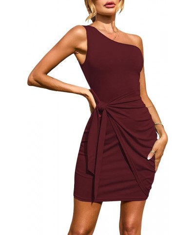 Women's One Shoulder Sleeveless Tie Waist Wrap Ruched Cocktail Bodycon Mini Dress Wine Red $16.38 Dresses