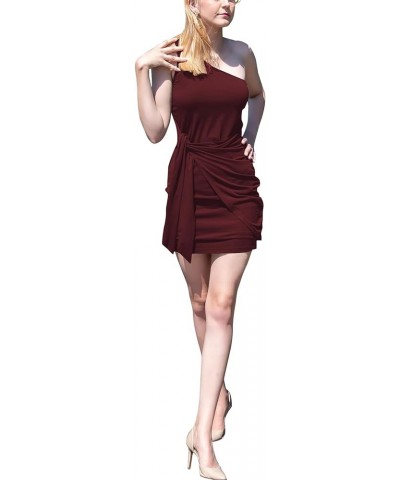 Women's One Shoulder Sleeveless Tie Waist Wrap Ruched Cocktail Bodycon Mini Dress Wine Red $16.38 Dresses