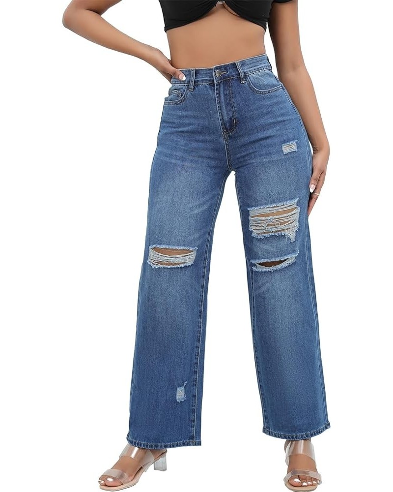 Ripped Wide Leg Jeans for Women Mom Baggy Straight Leg Stretchy Boyfriend Trendy Trouser Denim Pants A1_blue $23.75 Jeans