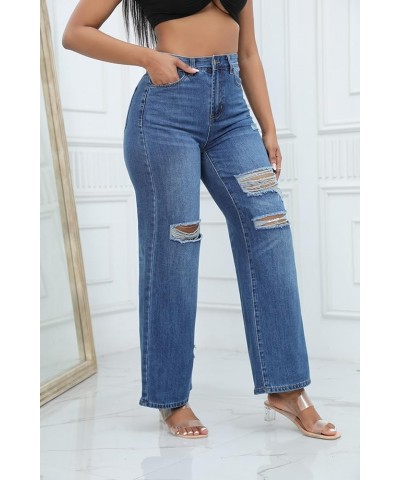 Ripped Wide Leg Jeans for Women Mom Baggy Straight Leg Stretchy Boyfriend Trendy Trouser Denim Pants A1_blue $23.75 Jeans
