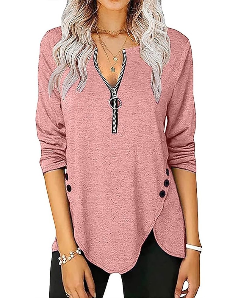 Trendy Tops for Women,Spring Fashion Button Trim Zipper Tops Shirts Casual Long Sleeve V-Neck Blouse Tees Tunic B-pink $9.89 ...