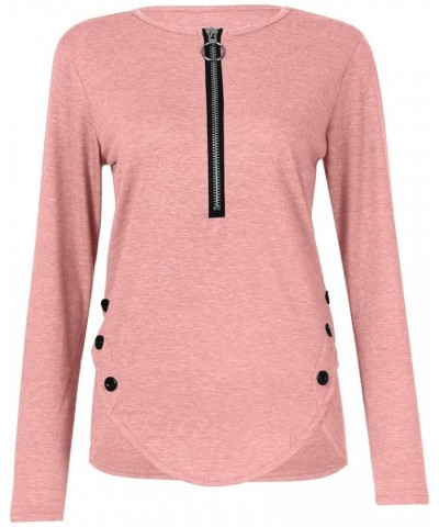 Trendy Tops for Women,Spring Fashion Button Trim Zipper Tops Shirts Casual Long Sleeve V-Neck Blouse Tees Tunic B-pink $9.89 ...