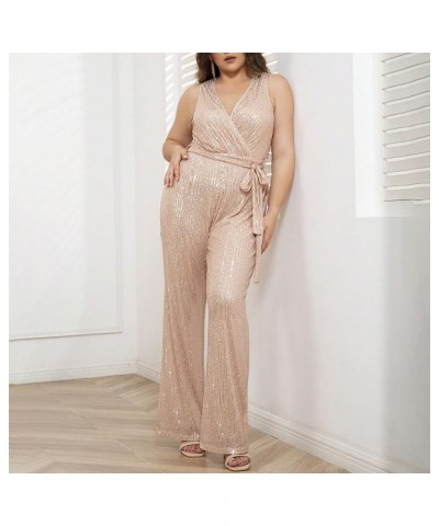 Plus Size Women's Sparkling Sequins Jumpsuit Sexy Deep V Neck Sleeveless Rompers Elegant Wide Leg Long Pants Overalls Black $...