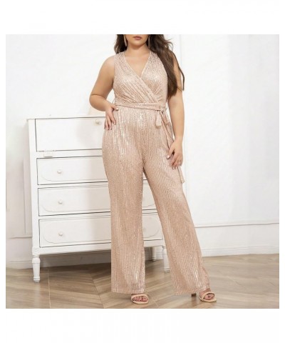 Plus Size Women's Sparkling Sequins Jumpsuit Sexy Deep V Neck Sleeveless Rompers Elegant Wide Leg Long Pants Overalls Black $...