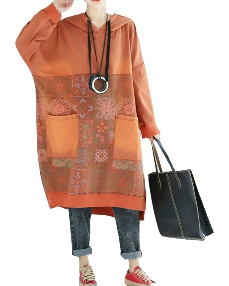 FTCayanz Women's Oversized Sweatshirt Dress Hoodies Pullover Ethnic Printed Fall Dresses with Pockets Orange $23.95 Dresses