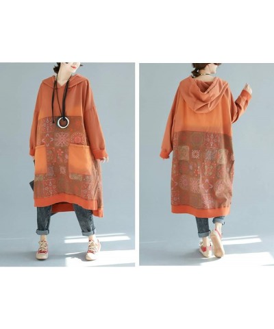 FTCayanz Women's Oversized Sweatshirt Dress Hoodies Pullover Ethnic Printed Fall Dresses with Pockets Orange $23.95 Dresses