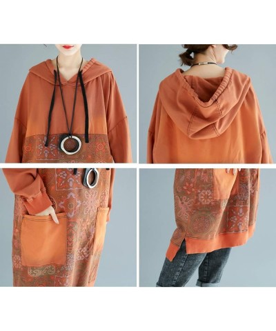 FTCayanz Women's Oversized Sweatshirt Dress Hoodies Pullover Ethnic Printed Fall Dresses with Pockets Orange $23.95 Dresses