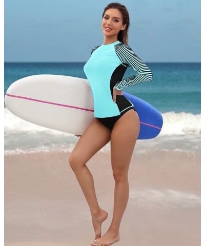 Women's Long Sleeve Rashguard UPF 50 Sun Protection Swimsuit Top Striped Swim Shirts 2a Light Blue/Striped $15.17 Swimsuits