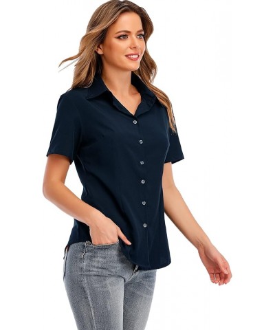 Women's Easy-Care Basic Collared Button Down Office Shirts Short Sleeve Simple Blouse Tops with Stretch Navy Blue $15.67 Blouses