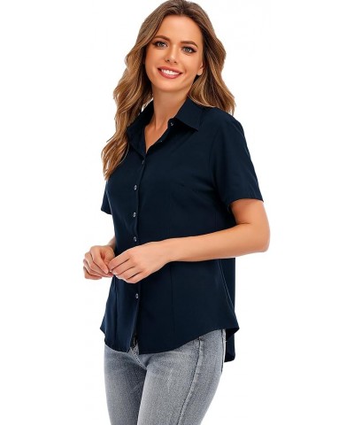Women's Easy-Care Basic Collared Button Down Office Shirts Short Sleeve Simple Blouse Tops with Stretch Navy Blue $15.67 Blouses