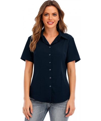 Women's Easy-Care Basic Collared Button Down Office Shirts Short Sleeve Simple Blouse Tops with Stretch Navy Blue $15.67 Blouses
