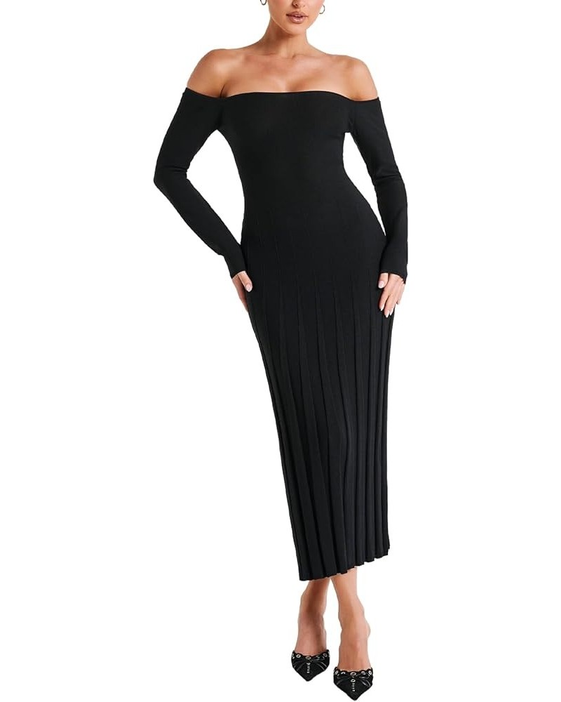 Women Casual Knitted Maxi Dress Solid Color Long Sleeve Round Neck Ribbed Long Dress Elegant Party Knit Dress Zk-black Off Sh...