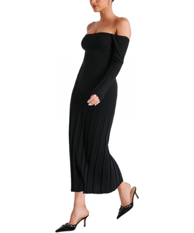 Women Casual Knitted Maxi Dress Solid Color Long Sleeve Round Neck Ribbed Long Dress Elegant Party Knit Dress Zk-black Off Sh...