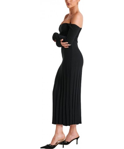 Women Casual Knitted Maxi Dress Solid Color Long Sleeve Round Neck Ribbed Long Dress Elegant Party Knit Dress Zk-black Off Sh...