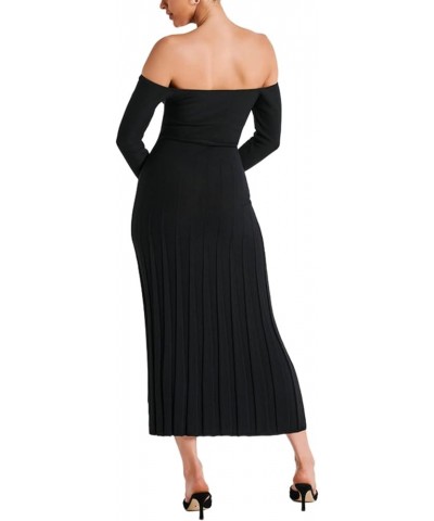 Women Casual Knitted Maxi Dress Solid Color Long Sleeve Round Neck Ribbed Long Dress Elegant Party Knit Dress Zk-black Off Sh...