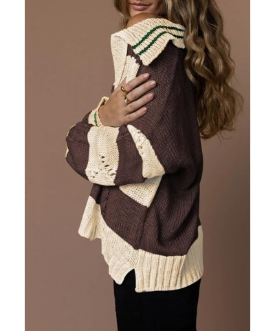 Women's 2023 Fall Casual Oversized Pullover Sweaters Lapel Collar V Neck Long Sleeve Cable Knit Striped Jumper Top Cocoa Brow...