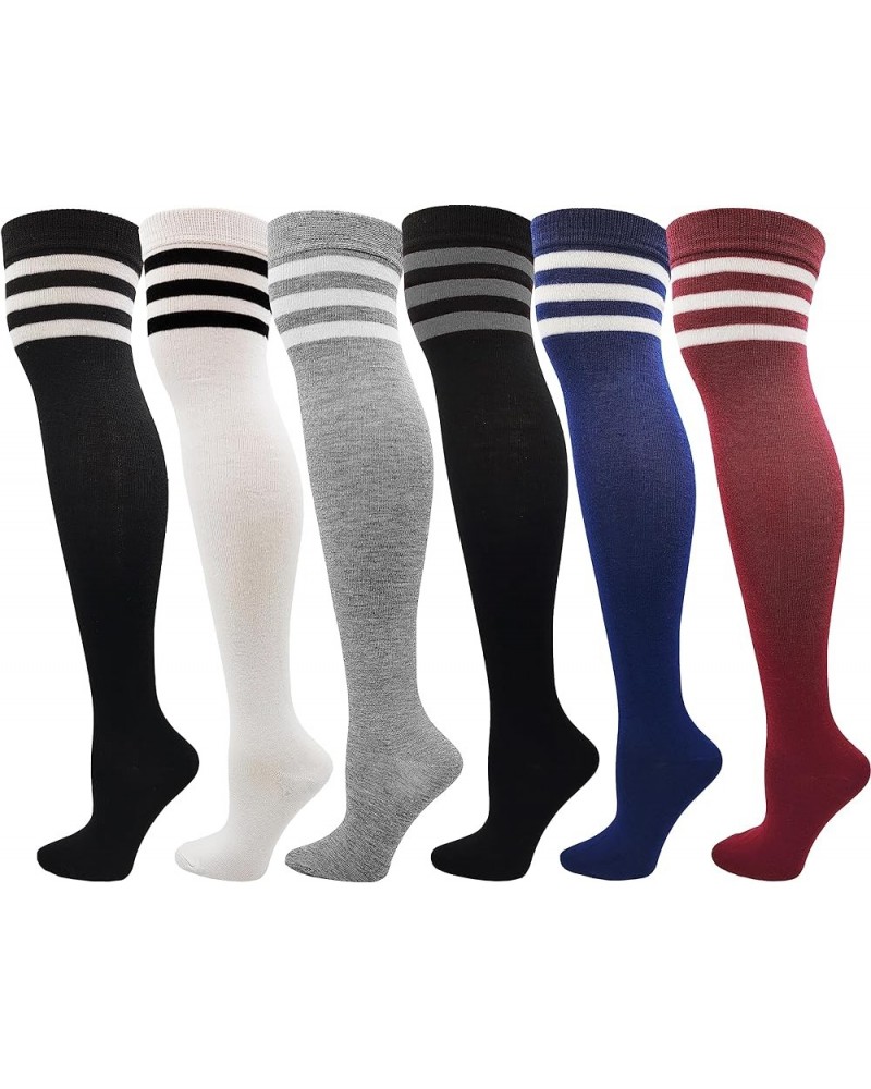 6 Pairs Over The Knee High Socks for Women, Thigh High Long Stockings Stretchy Soft Referee Retro Bulk Pack Assorted Striped ...