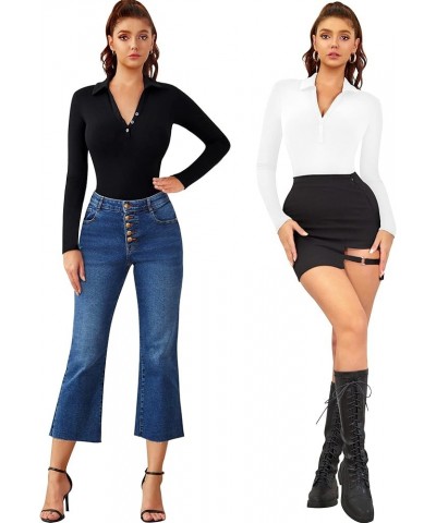 Womens Long Sleeve Short Sleeve Tops V Neck Button Down Collared Fitted Shirts B Long Sleeve White $14.20 Blouses