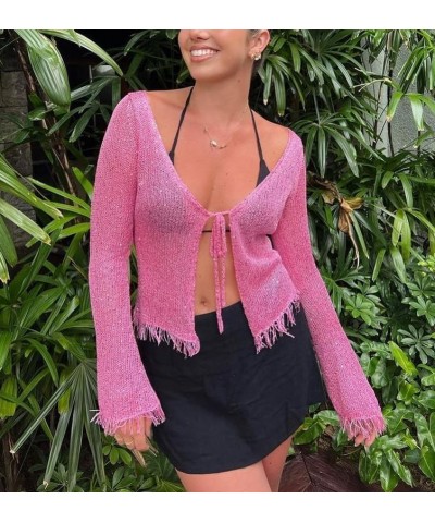 Women Y2k Long Sleeve Knitted Shirts Tie Front Cardigan Sexy Slim Fit Sweater Fall Fashion Going Out Tops 05-pink $10.61 Swea...