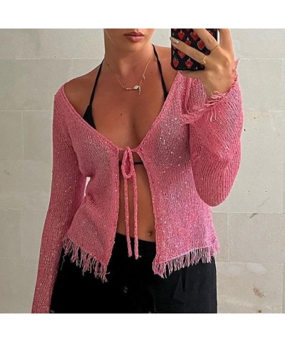 Women Y2k Long Sleeve Knitted Shirts Tie Front Cardigan Sexy Slim Fit Sweater Fall Fashion Going Out Tops 05-pink $10.61 Swea...