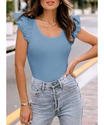 Summer Tops For Women Ruffle Sleeve Tank Top Round Neck Cute Sleeveless Blouse Bodysuits Trendy Sky Blue X-Large Ruffle Sky B...