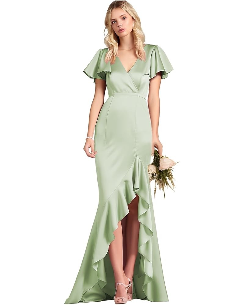Women's V Neck Bridesdmaid Dresses Long with Sleeves Mermaid Satin Ruffles Formal Party Gown Sage Green $31.89 Dresses