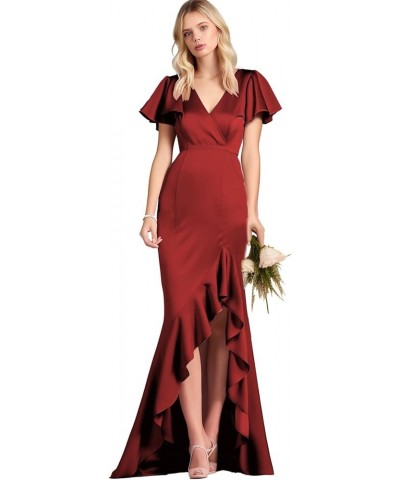 Women's V Neck Bridesdmaid Dresses Long with Sleeves Mermaid Satin Ruffles Formal Party Gown Sage Green $31.89 Dresses