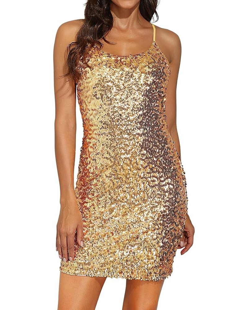 Women's Sparkly Sequin Dress Adjustable Spaghetti Strap Shimmer Bodycon Mini Club Dresses Party Night Gold $24.95 Dresses