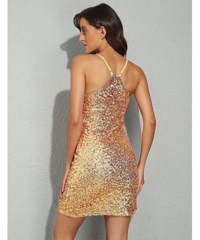 Women's Sparkly Sequin Dress Adjustable Spaghetti Strap Shimmer Bodycon Mini Club Dresses Party Night Gold $24.95 Dresses