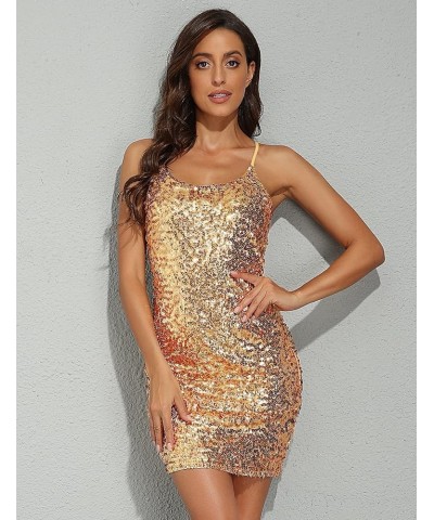 Women's Sparkly Sequin Dress Adjustable Spaghetti Strap Shimmer Bodycon Mini Club Dresses Party Night Gold $24.95 Dresses