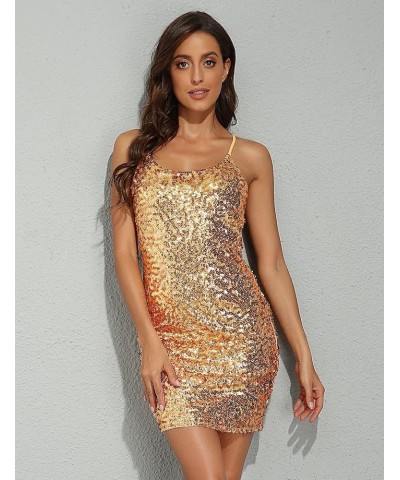 Women's Sparkly Sequin Dress Adjustable Spaghetti Strap Shimmer Bodycon Mini Club Dresses Party Night Gold $24.95 Dresses