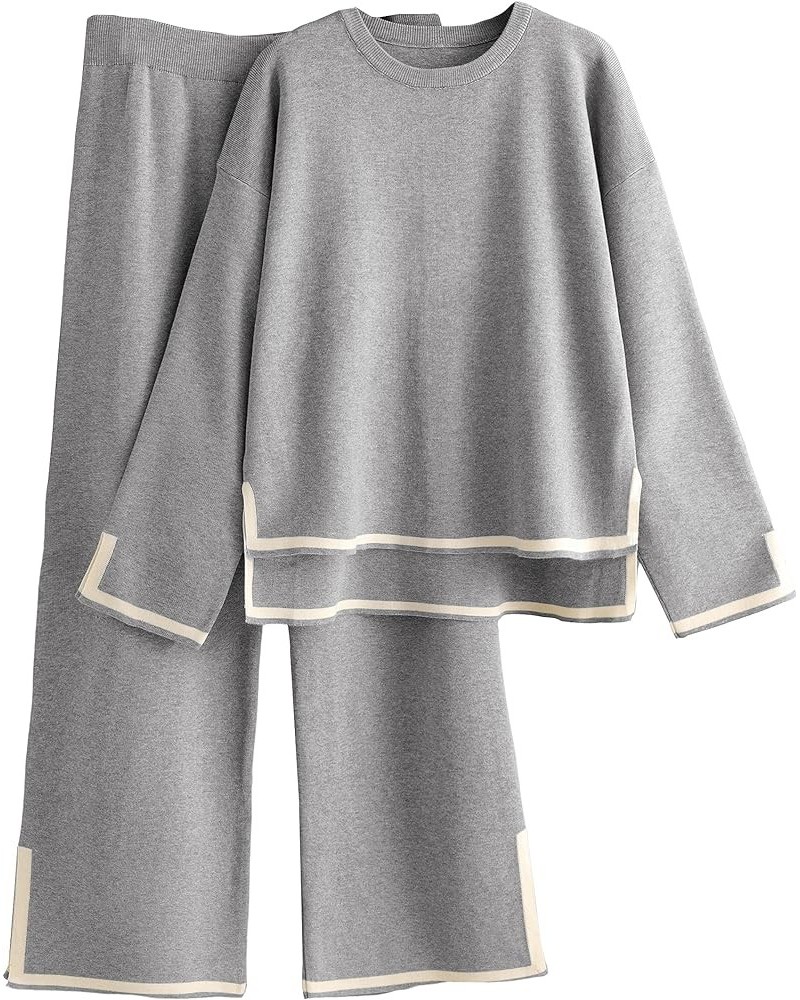 Womens 2 Piece Sweater Sets Outfits Long Sleeve Knit Pullover Tops Wide Leg Pants Casual Suits Grey $21.56 Activewear