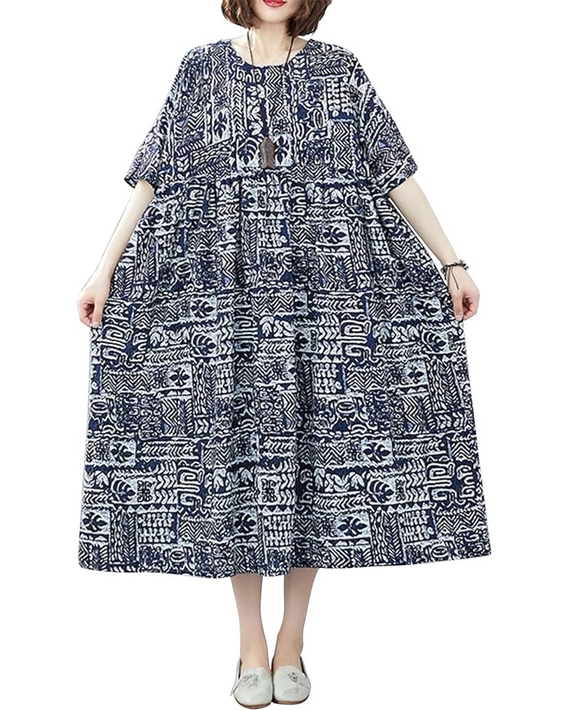 Women Loose Cotton Linen Dress Print Boho Swing House Dress with Pockets 15 $20.27 Dresses
