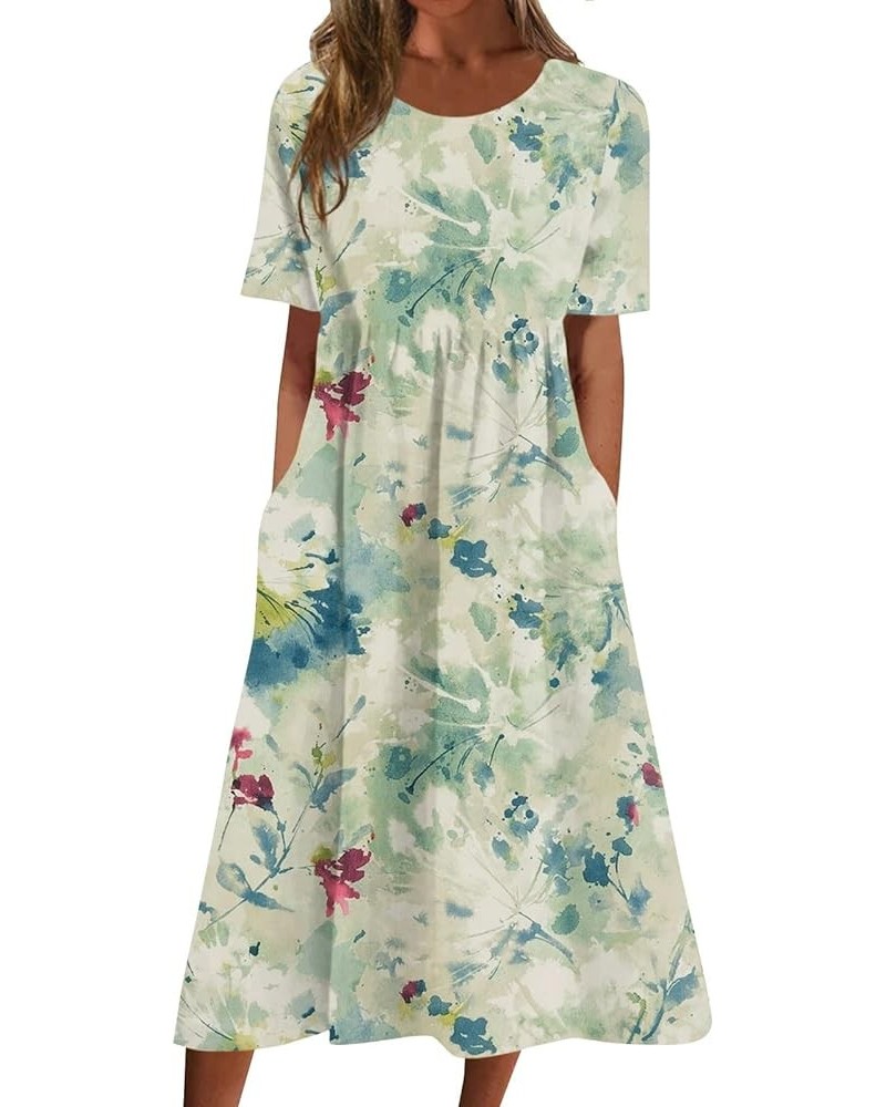 Summer Dresses 2024 Women Floral Pleated Midi Dress Short Sleeve Crew Neck Loose Fit Sundress Casual Tunic Dress 05-mint Gree...